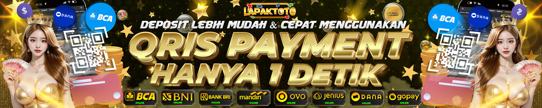 Deposit lebih mudah dan cepat menggunakan qris payment 1 detik langsung masuk.